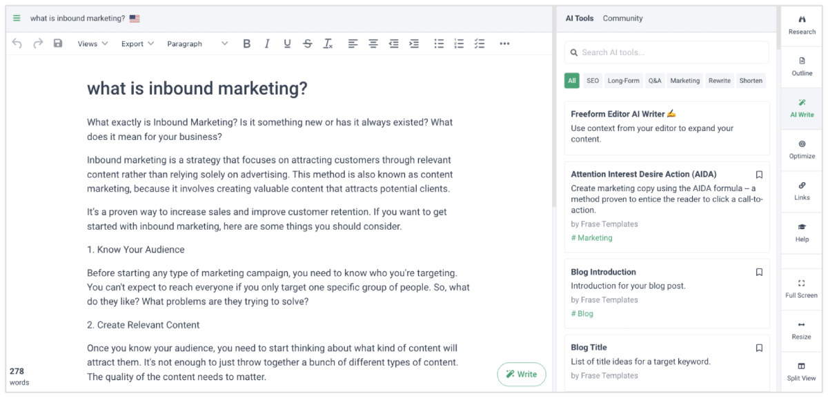 Frase AI writing tool interface